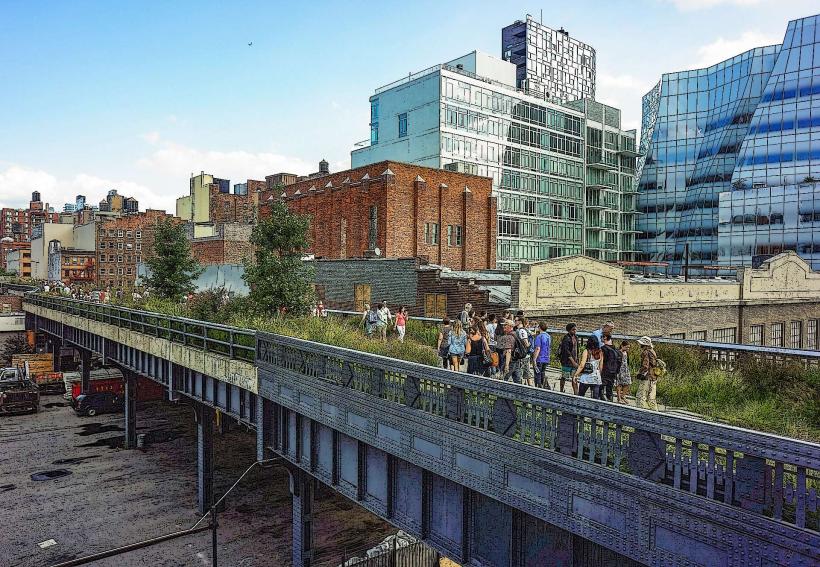 High Line е уникален повишен обществен парк и Greenway построени